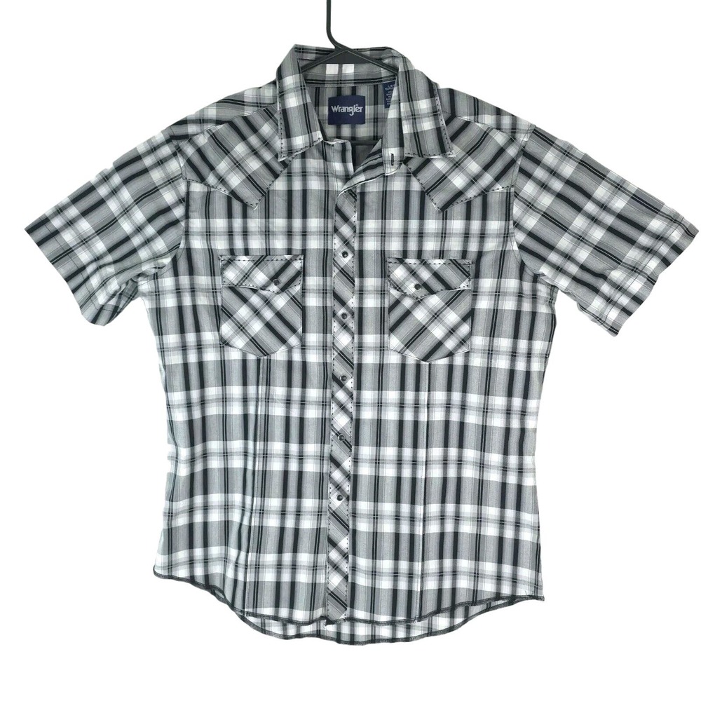Wrangler Western Shirt Mens L Black Plaid Pearl‎ Snap Short Sleeve MVG325K Rodeo - Picture 4 of 11